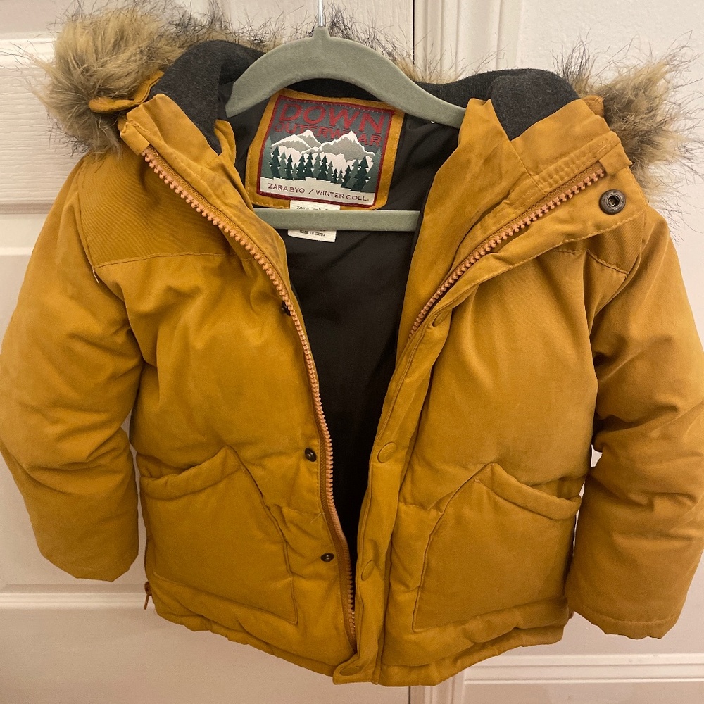 Zara boys mustard puffer coat with fur trim hood